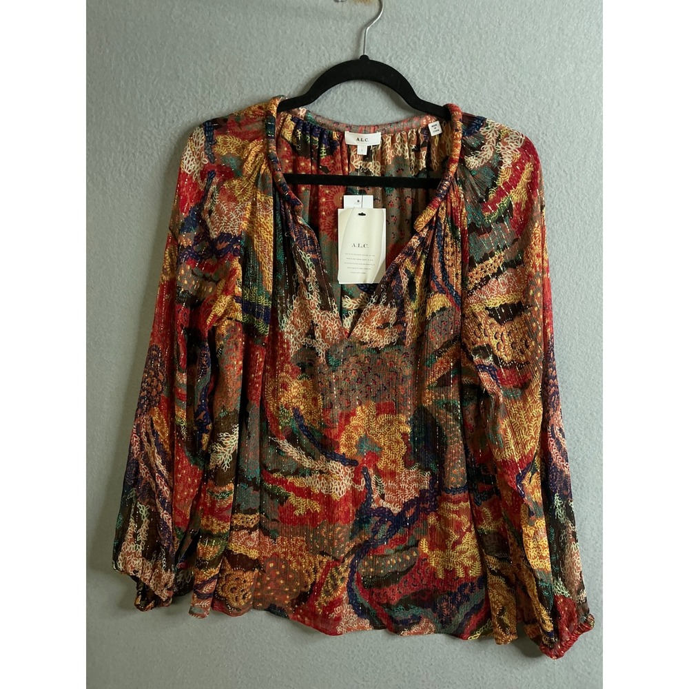 A.L.C. Top Women's Size 2 Multicolor Print Blouse Long Sleeve V-Neck NWT $395